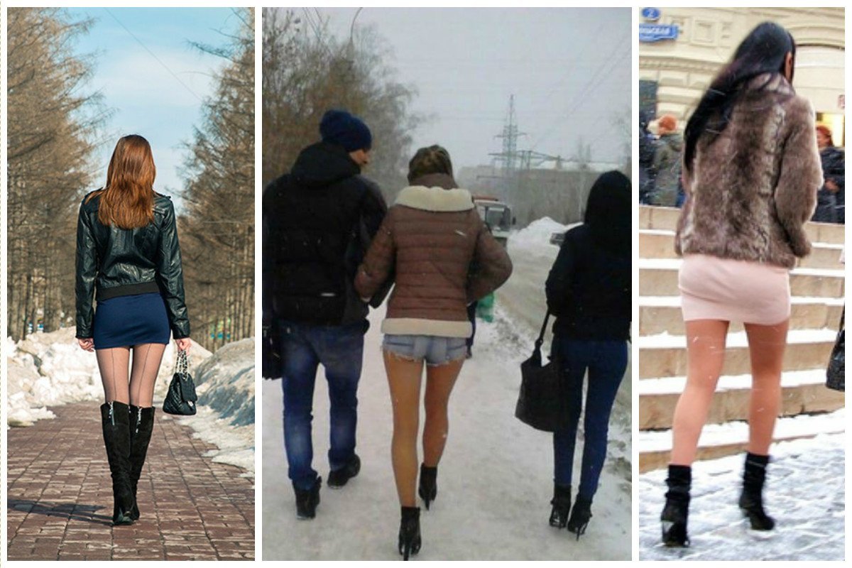 Девушки зимой в колготках на улице