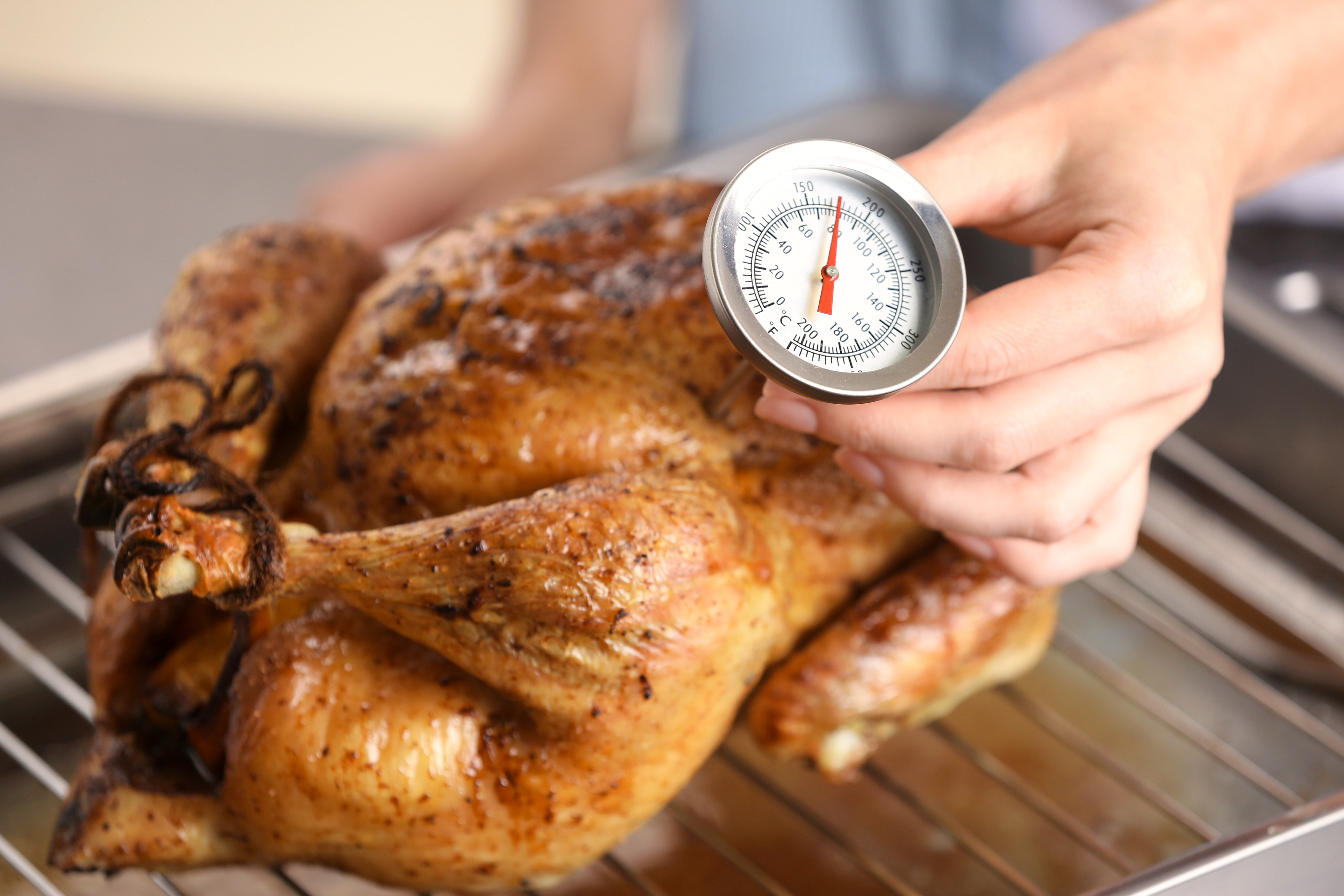 Температура куриного филе. Термометр для запекания мяса. Курица с градусником. Курица готовая.